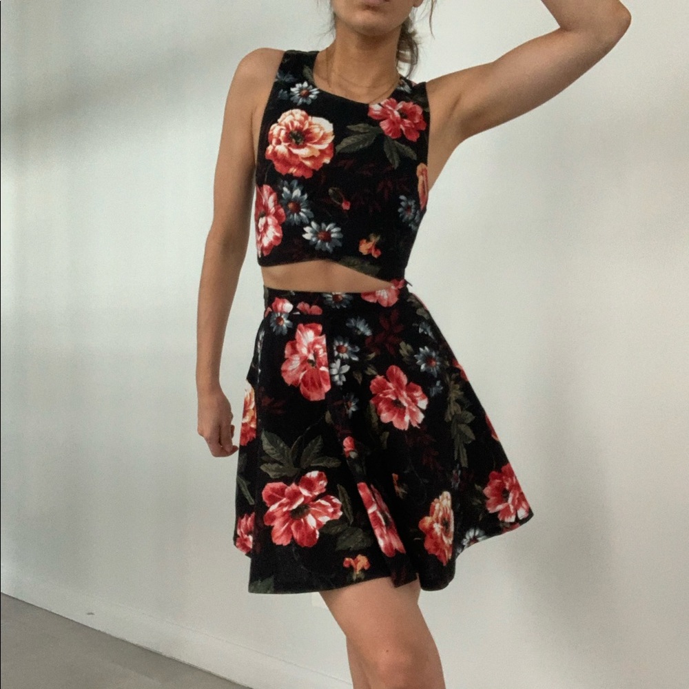 Floral Skirt Set in Black with Red Blooms